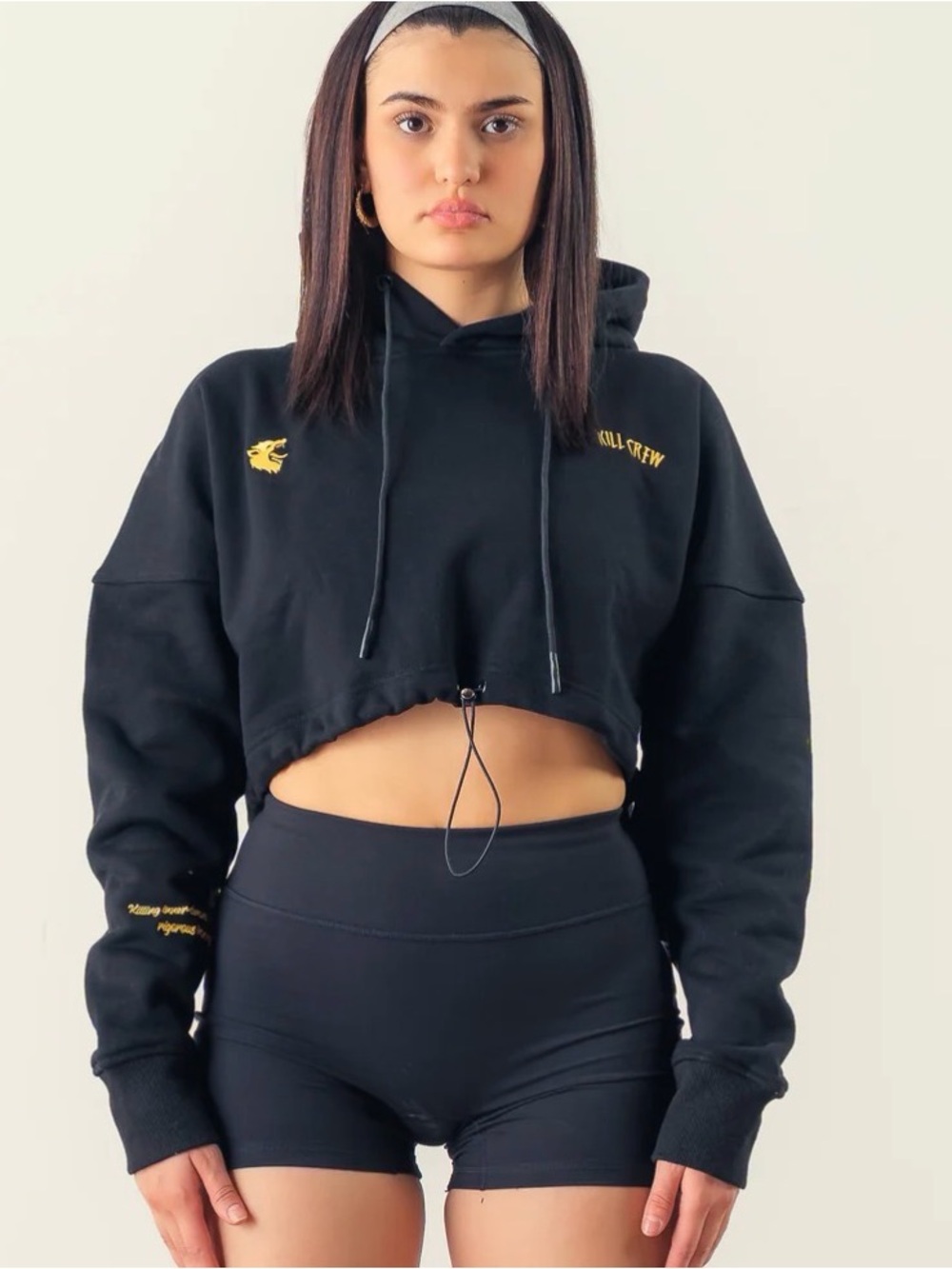 Kill Crew Cropped Black Hoodie with Gold Logo